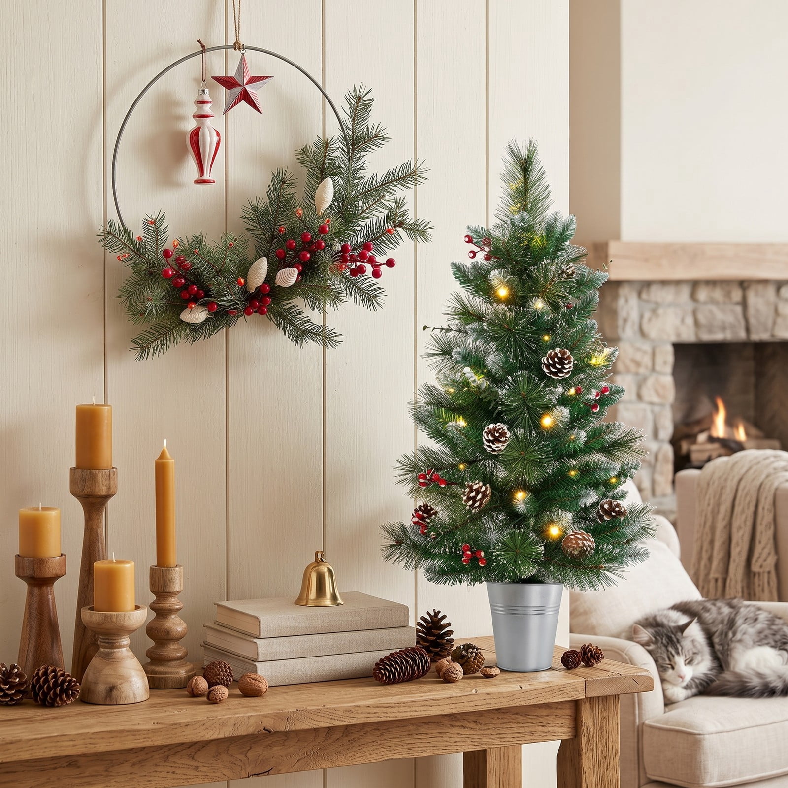 RUIE 3 FT Battery-Operated Tabletop Christmas Tree, Pre-Lit Artificial Mini Xmas Tree with 20 Warm White LED Lights, 81 Branch Tips, Red Berries & Pine, Green & White