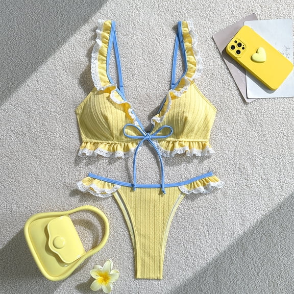 Minjewel Women's Solid Color Two Piece Bikini Set Sports Swimwear for Athletic Training Summer Beach Pool Swimming, Performance Swimsuit,Yellow,L