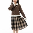 thumbnail image 6 of LEKWK Girls Preppy School Outfit Set Long Sleeve Knit Cardigan with Contrast Collar and Vintage Plaid Skirt Academy Style Clothing Set, 6 of 8