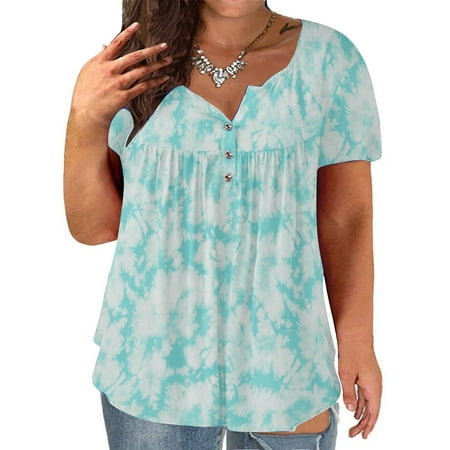 

Moxiu Womens Summer Tops Tie-Dye Short Sleeve Top V Neck Soft T-Shirts Flowy Pleats Tunic Button up Casual Blouses