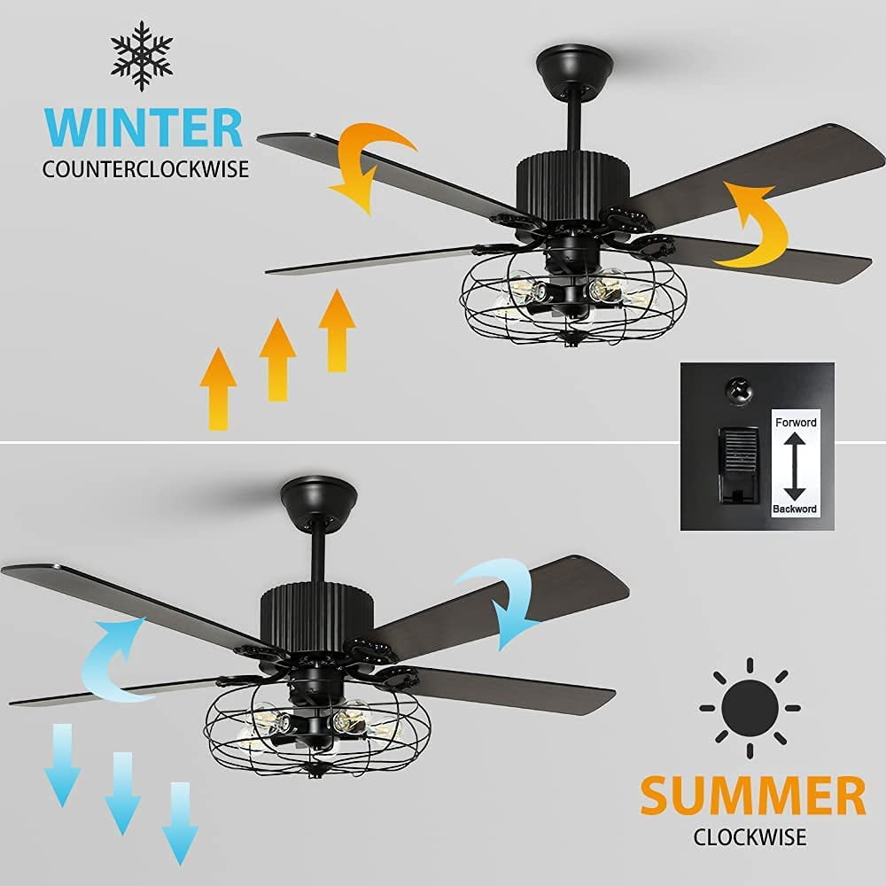 Depuley Remote 52'' Caged Industrial 5 Blades Ceiling Fan with Light, Reversible Plywood Blades with Remote for Living Bedroom, Timing, 5 E26 Bulbs Not Incl - 1