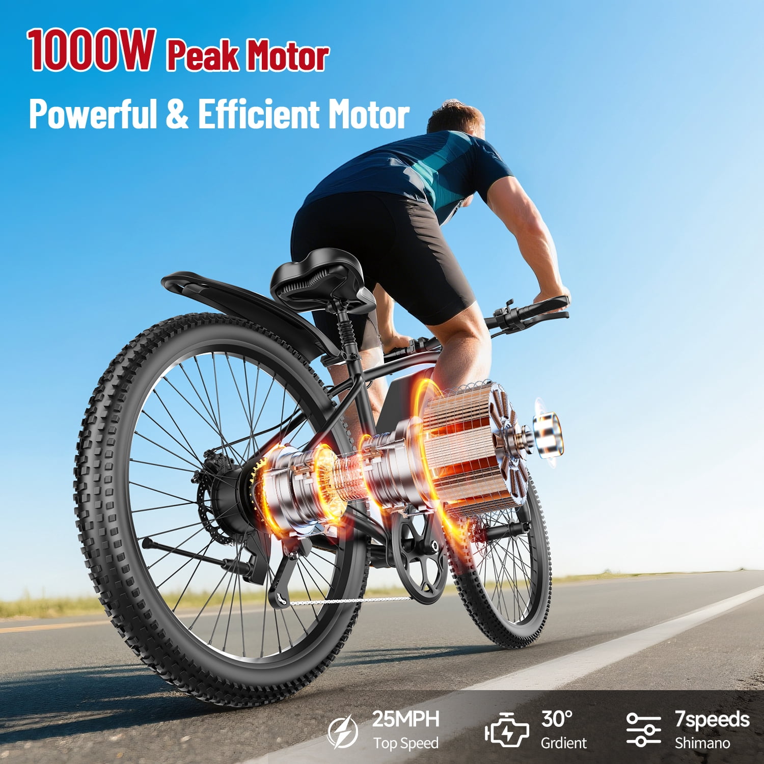 1000W Electric Bike,Moped Ebike 25mph, 36V 13Ah Battery 45 Miles Range Dual Shock & Disc Brakes,Electric Dirt Bike Fat Tires,7 Speed LCD Display,Adults Electric Bike for Mountains