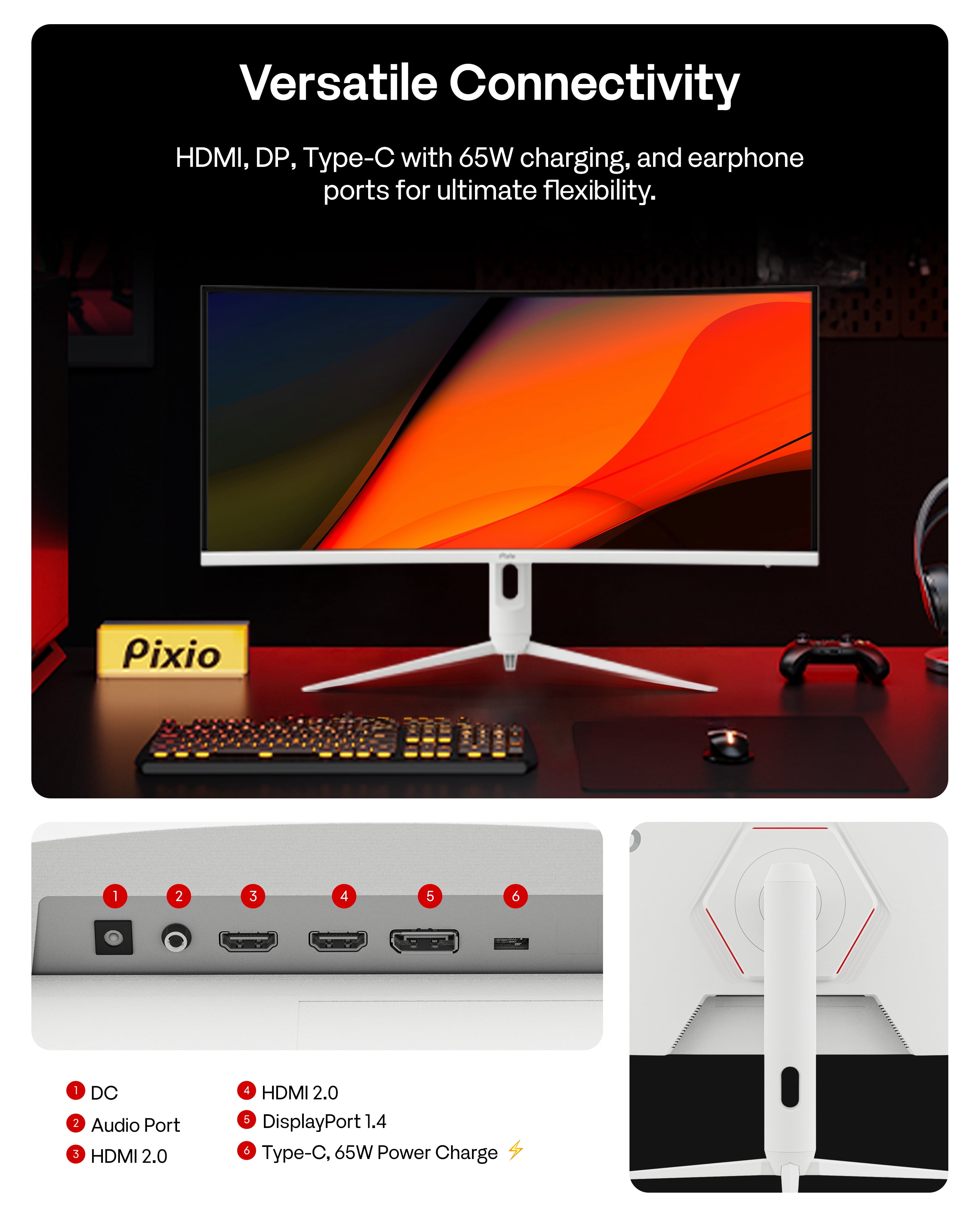 Pixio PXC348C Neo White 34" 180Hz Refresh Rate UWQHD 1440p Ultrawide Resolution 1000R Curve Fast VA Panel 1ms Response Time USB-C Displayport 65W Charging Adaptive Sync HDR Curved Gaming Monitor