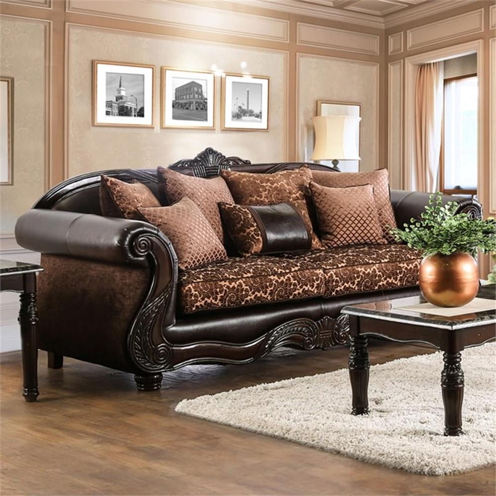 Furniture of America Eduard Traditional Faux Leather Cushioned Sofa in Brown