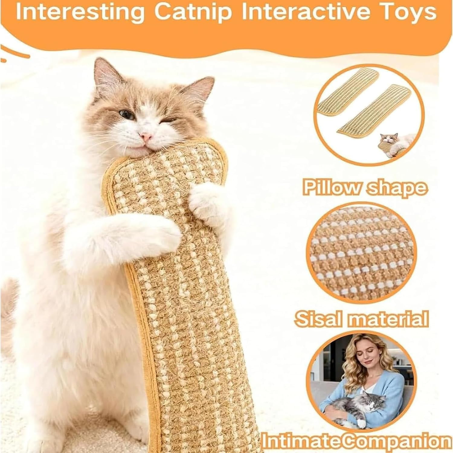 Interactive Refillable Catnip Chew Toy, Durable Sisal Kicker Pillow for Teething & Scratching, Suitable for Kittens & Adult Indoor Cats