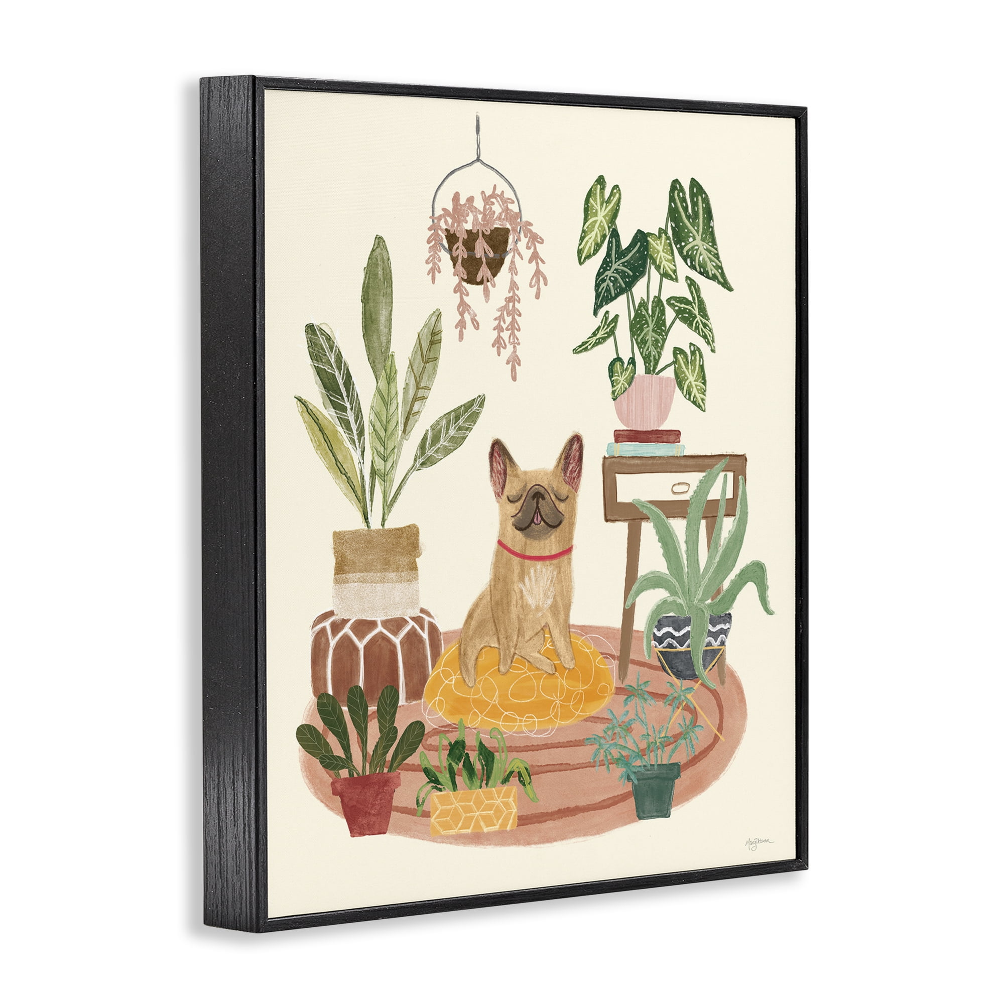 Stupell Industries Pug Dog with Plants Animals & Insects Painting Black Framed Art Print Wall Art, 11 x 14