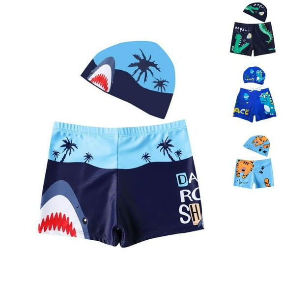 ESHOO 2Pcs Little Boys Swim Trunks With Swim Cap Set, Kids Toddler Bathing Suits Elastic Beach Boxers Swimwear 3-8 Years Old