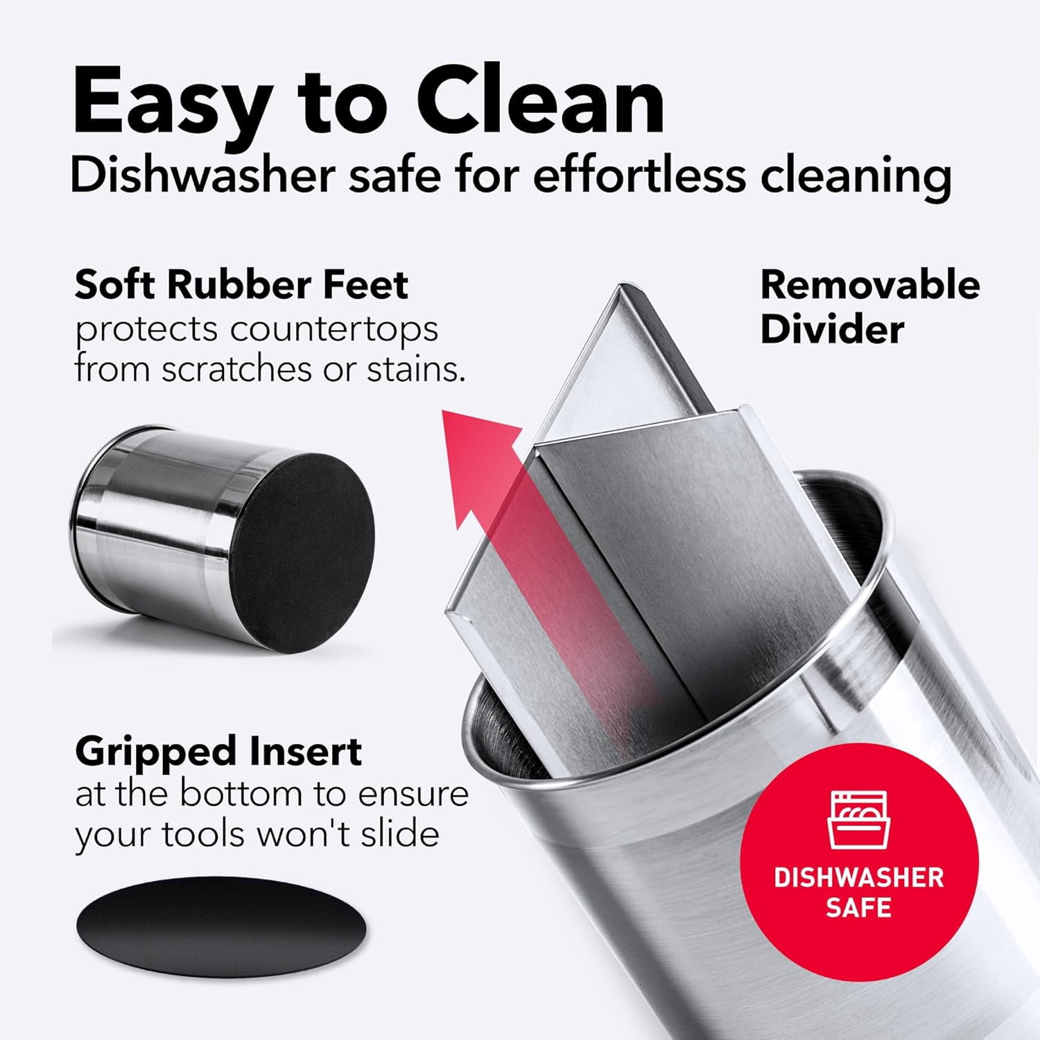 Extra Large Rotating Stainless Steel Utensil Holder with Weighted Base, Removable Divider and Non-Slip Insert