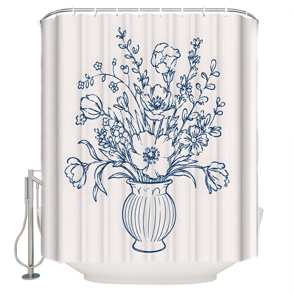 Blue Floral Bathroom Shower Curtains with 12 Hooks Polyester Waterproof Shower Curtain for Stalls and Bathtubs Vintage Line Wildflowers Vase Pastoral Decorative Bathroom Privacy Curtain 36x78 Inches