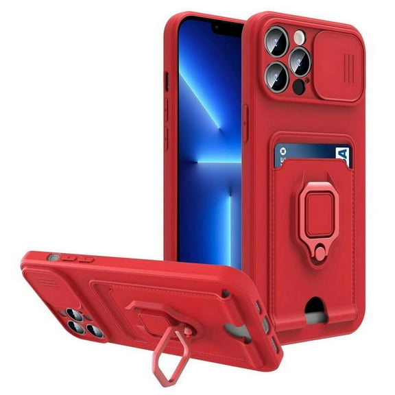 For iPhone 13 Red Multi Function Case with Magnetic Ring Holder Camera Shutter & Card holder