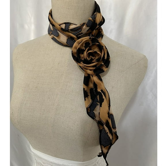 ERDOUY elegant and personalized scarf, long small scarf with rose buckle collar decoration, artistic style dressing scarf (brown)