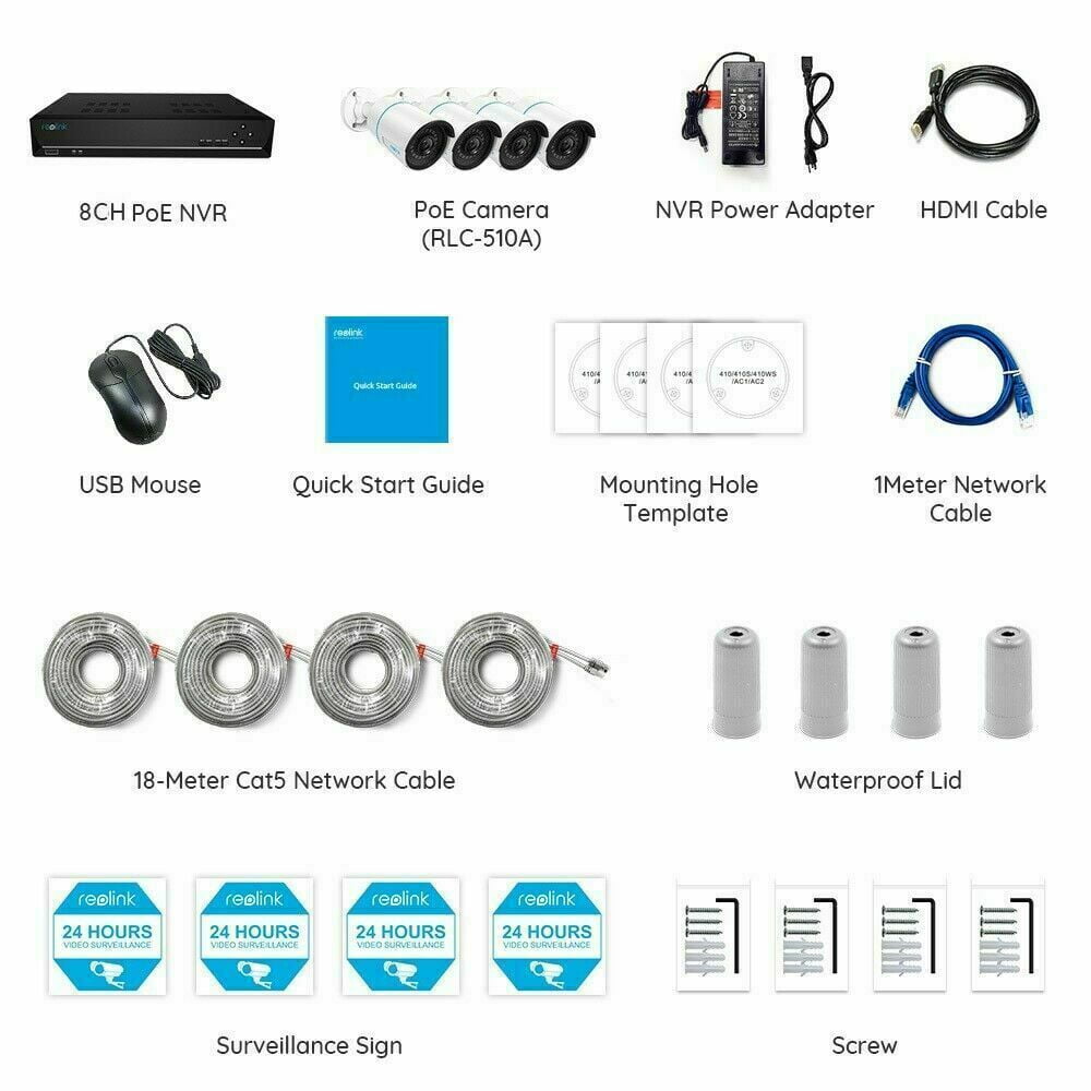 Reolink 8 Channels 5MP Outdoor POE Security Camera System, 4pcs Smart Person/Vehicle Detection 5MP Cameras, 8MP NVR with 2TB HDD, 24/7 Record, RLK8-510B4-A