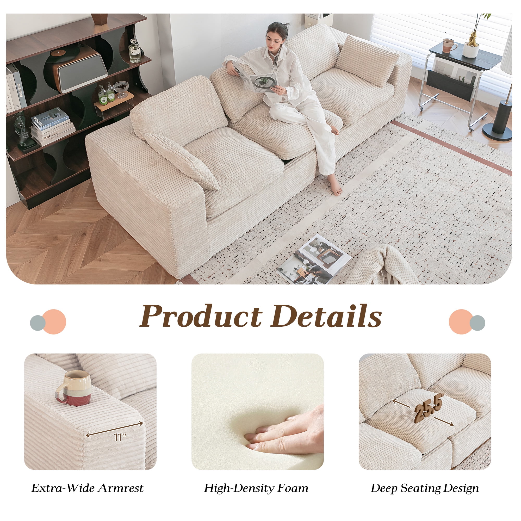 YODOLLA 110" Oversized Boneless Couch for Living Room,Cloud Sectional Sofa with Fluffy Corduroy Seat Cushions, 3 Seater Upholstered Floor Sofa, No Assembly Required, Beige