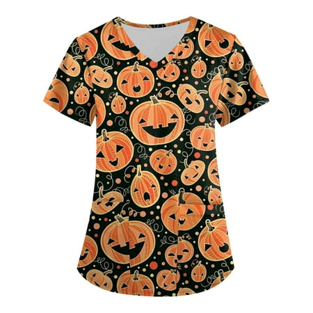 

Sksloeg Sksloeg Women Scrubs Top Workwear Comfortable Easy Fit Lightweight Durable Soft Stretch Pumpkin Witch Hat Print V-Neck Scrub Top Gold 5XL