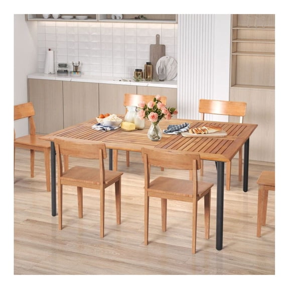 Acacia Wood Dining Table with Umbrella Hole, 6-Person Outdoor Patio Table with Metal Legs