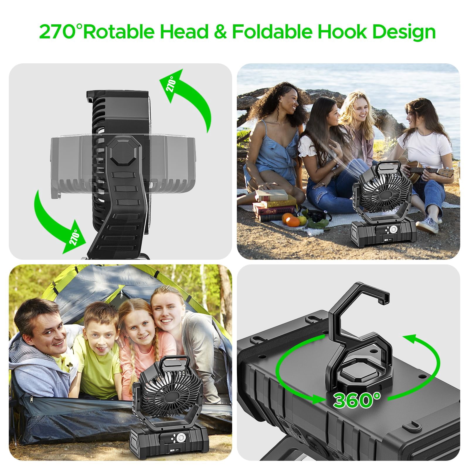 Camping Fan,20000mAh Rechargeable Battery Operated Outdoor Tent Fan with LED Light & Foldable Hook, 4 Speeds with 270° Rotate Pivot for Camping, Barbecue, kitchen, Fishing Construction Sites