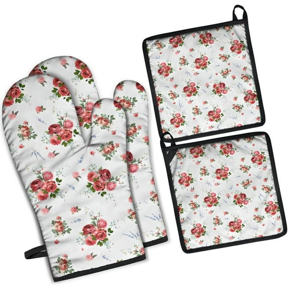 Pioneer Flower Floral Print Pattern Kitchen Oven Mitt and Pot Holder Sets 2 Pcs for Baking, Cooking and Grilling, Heat Resistant Up To 392 °F
