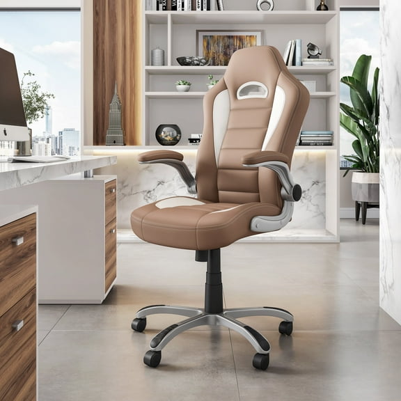 Techni Mobili High Back Sport Race Office Chair with Flip-up Arms, Techniflex Upholstery, Camel RTA-3527-CM