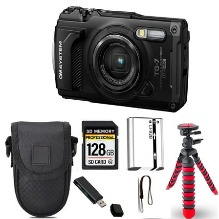 Olympus OM SYSTEM Tough TG-7 Digital Camera (Black)  Spider Tripod   Case - 128GB Kit (International Version)