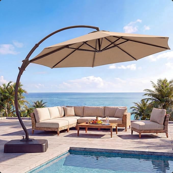 KAMEROUT 11FT Patio Umbrella with Base, Outdoor Deluxe Curvy Cantilever Umbrella for Pool Deck, Champagne