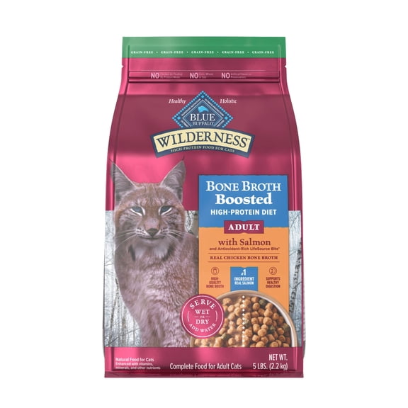 Blue Buffalo Wilderness Salmon Bone Broth Boosted High-Protein Diet, Grain-Free Dry Food for Adult Cats, 5 lbs.