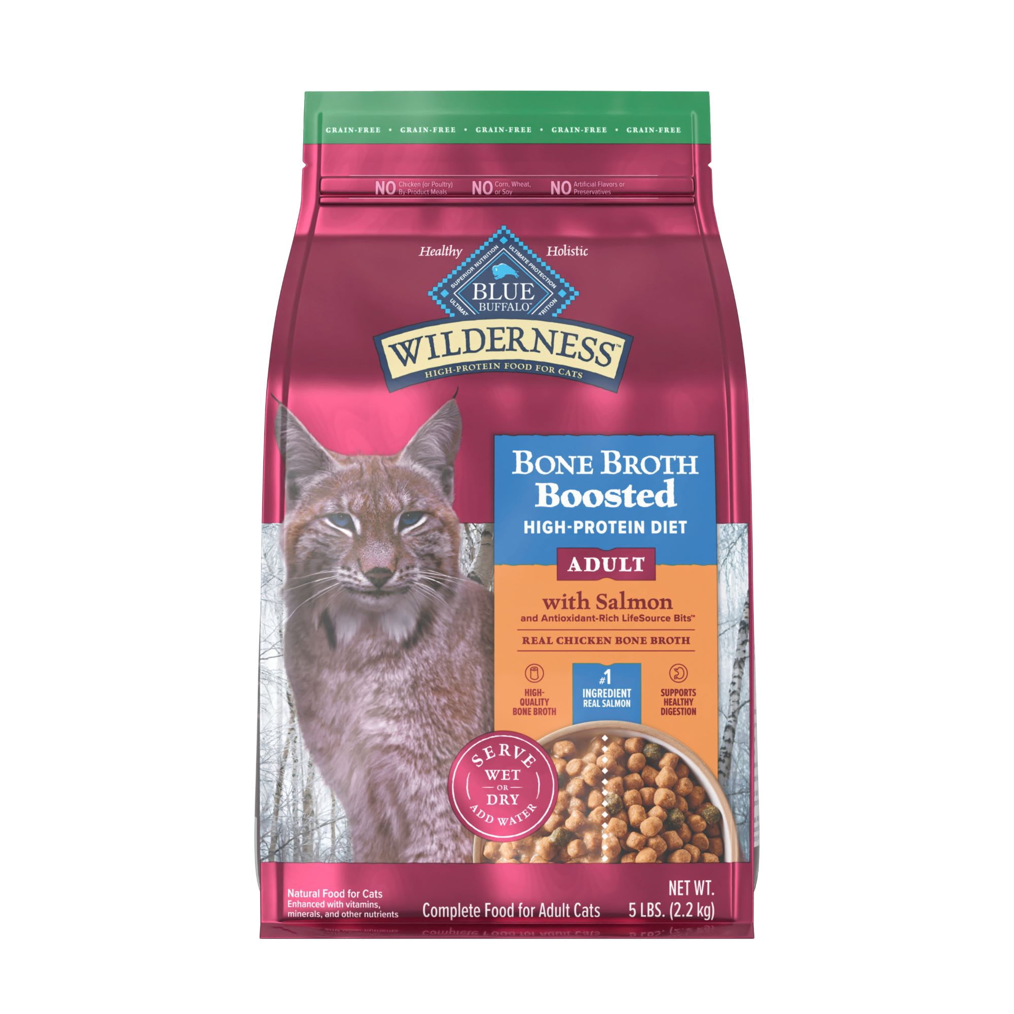 Blue Buffalo Wilderness Salmon Bone Broth Boosted High-Protein Diet, Grain-Free Dry Food for Adult Cats, 5 lbs.