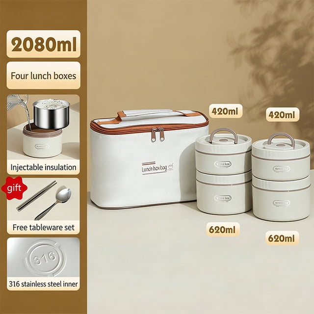 Dvkptbk stainless steel lunch box Lunch Box 4psc 316 Stainless Steel Double-layer Insulated Lunch Boxes with Sealed Lids Microwave-safe Round Bento Boxes and Insulation Boxes