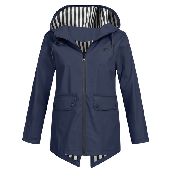 RYRJJ Rain Jacket for Women Lightweight Long Hooded Raincoat Waterproof Outdoor Travel Hiking Windbreaker Trench Coats(Navy,M)