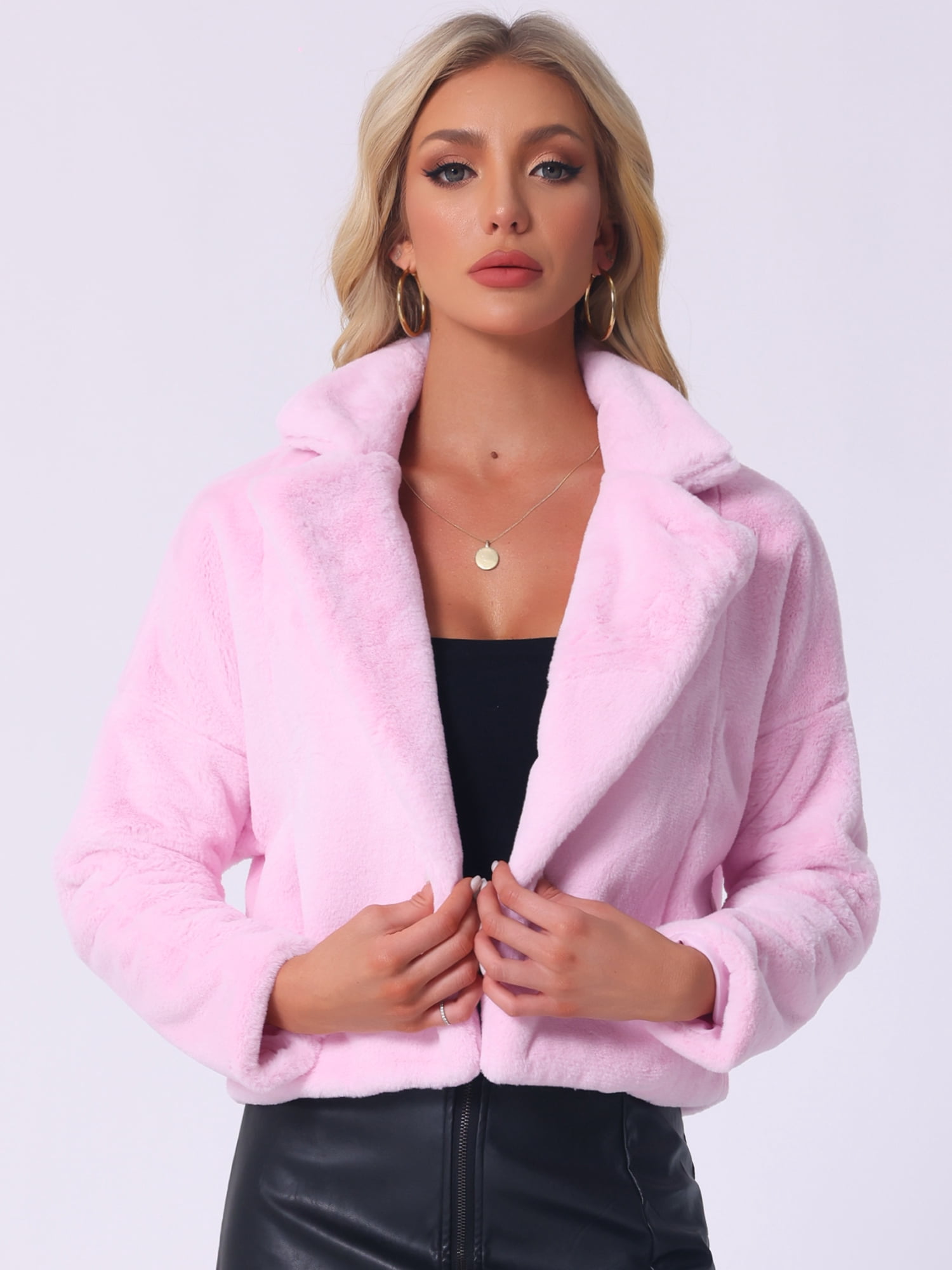 DARING DIVA Women's Cropped Jacket Notch Lapel Faux Fur Fluffy Coat XL Light Pink