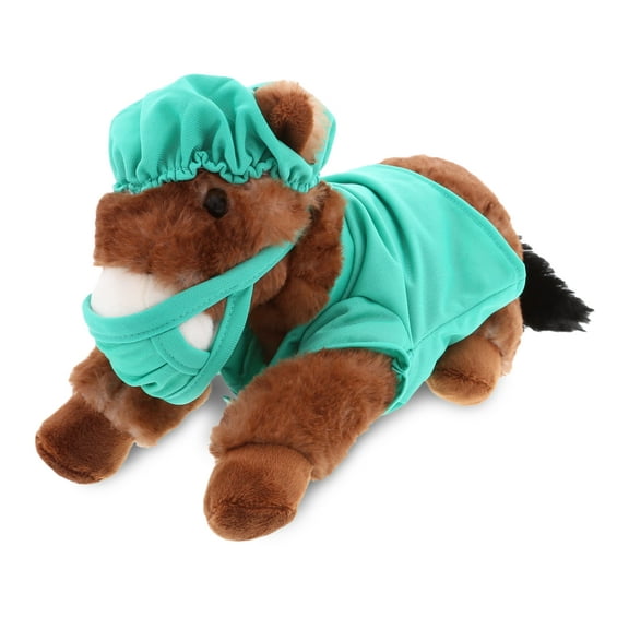 DolliBu Lying Brown Horse Doctor Plush Toy - Super Soft Brown Horse Doctor Stuffed Animal Dress Up with Cute Scrub Uniform & Cap Outfit - 10.5" Inch