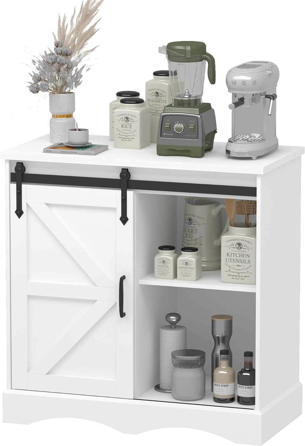 Chvans 31.5" Farmhouse Coffee Bar Cabinet with Storage, Aquarium Stand Fish Tank Table, White Kitchen Sideboard Cabinet with Sliding Barn Door, for Living Room, Entryway