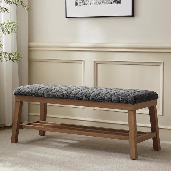 VKNOW Entryway Bench, 44.4" Upholstered Storage Shoe Bench for Entryway & Bedroom, Shoe Rack Bench with Rubberwood Legs, Modern End of Bed Bench for Living Room and Hallway, Black