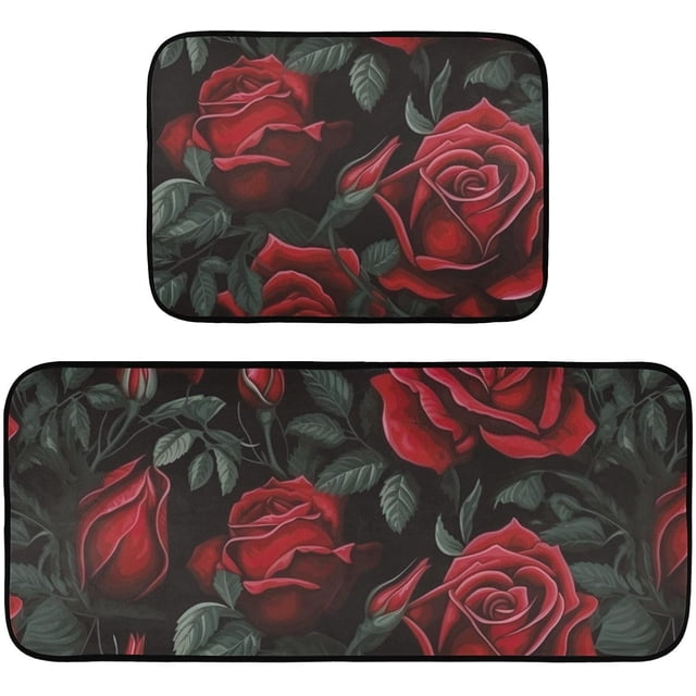 Flowers Floral Rose Kitchen Mat Set of 2, Non-Slip Kitchen Rug for Floor, Waterproof Sink Carpet for Home, Office, Laundry