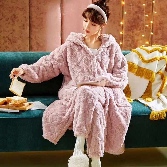 Pijama de franela para mujer, traje de terciopelo Coral, camisón largo para el hogar, felpa gruesa, moda coreana, invierno, nuevo
