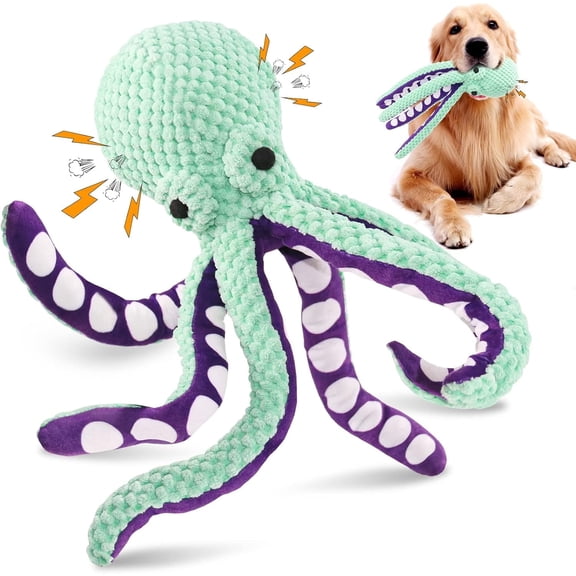 Ikerall Green Octopus Chew Resistant Cat Dog Toy – Interactive Crinkle & Squeaky Plush for Aggressive Chewers, Indoor Play & Boredom Relief