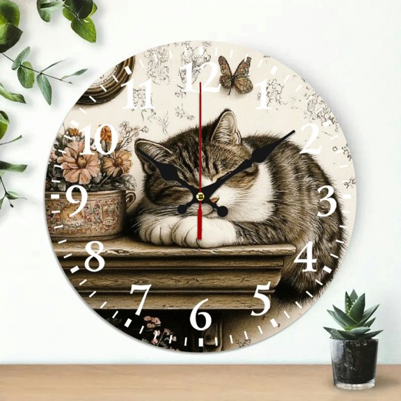 Round Wooden Wall Clock for Home Decor, Cute cat Print, Wall Decor for Linving Room, Perfect for Living Room, Dorm, Bedroom, Kitchen, Home Office & More, Wall Clock Living Room