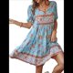 thumbnail image 1 of Vestido Informal de Verano para Mujer, Estilo Bohemio, con Escote en V, Corta, Estampado Floral, Estilo Babydoll, para Playa y Vacaciones. Azul M, 1 of 10
