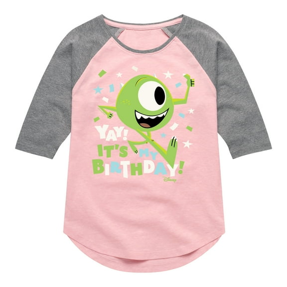 Disney Monsters Inc - Mike Yay It's My Birthday - Toddler & Youth Girls Raglan Graphic T-Shirt