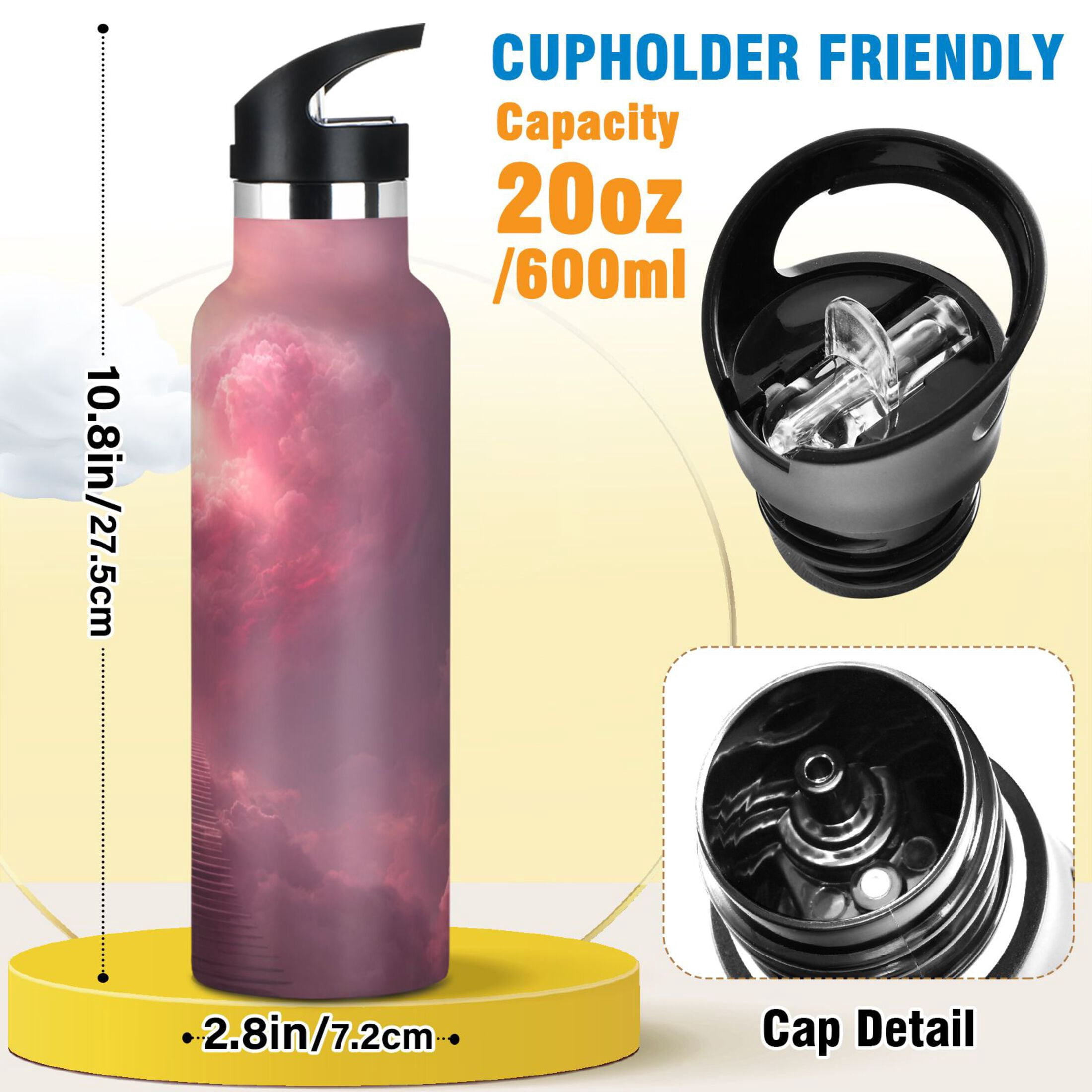 Kids Insulated Stainless Steel Sports Water Bottle 600ml Pink Heart-shaped Cloud