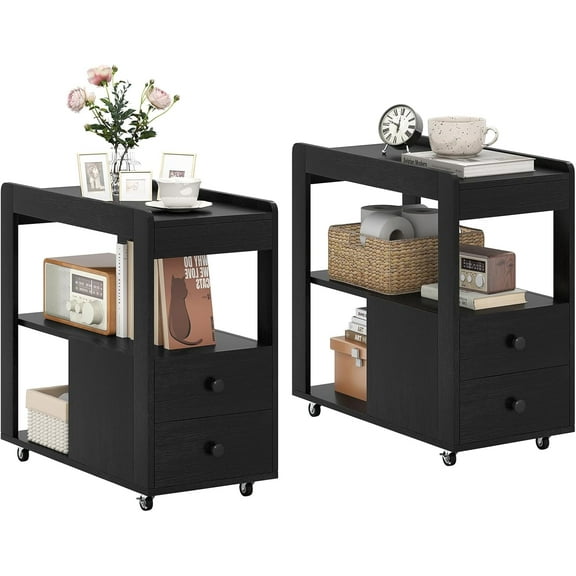 TYUIOP Rolling Side Table with Storage, Modern 2-Drawer Side Table with Wheels & Open Shelves, Small Night Stand, Narrow Bedside Table for Small Spaces Living Room Bedroom. Black 2
