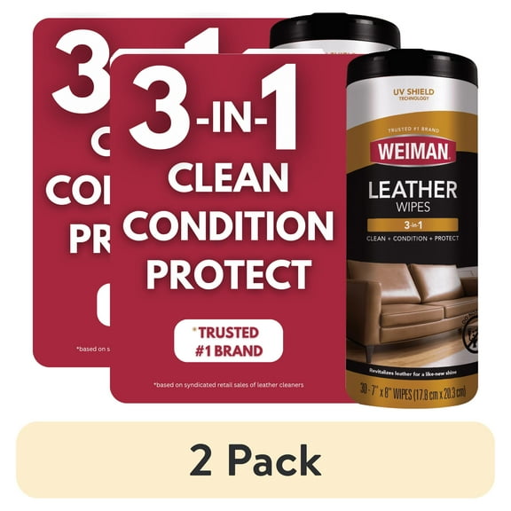 (2 pack) Weiman 3-In-1 Leather Cleaner, Conditioner & Protection Wipes, 30 Count