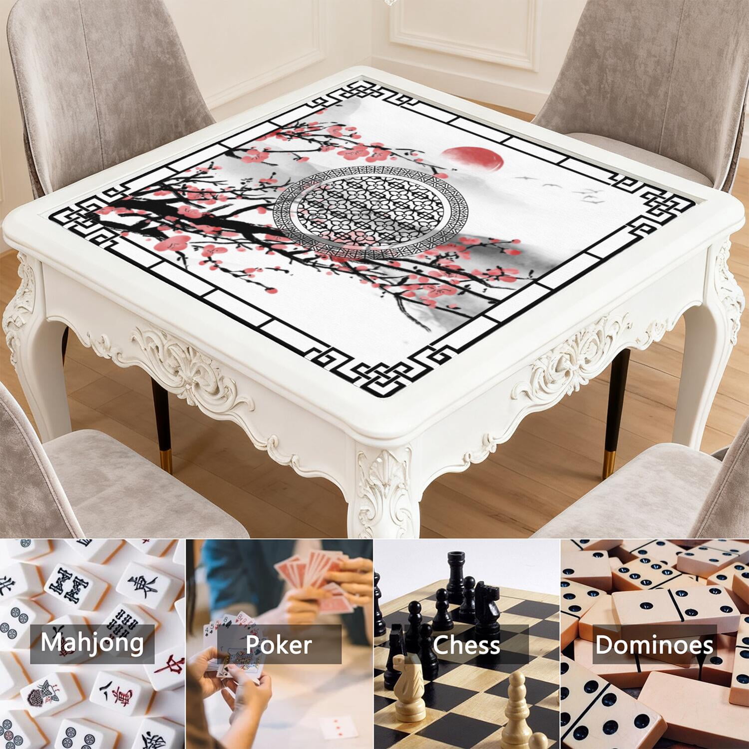 Elegant Mahjong Mat for Table, 31.5*31.5in Anti Slip Mahjong Table Cloth, Noise Reduction, Neoprene Mah jongg Mat with Carrying Bag & 3 Dices, Poker Board Tile Games Mats, Chinese Ink Painting Style