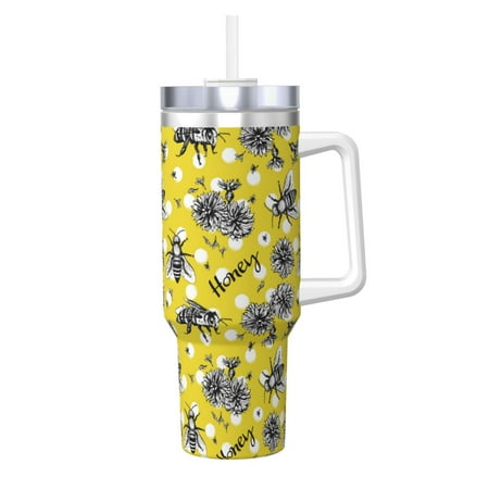 

Goofa Honeybee Print 40oz Ice Bully With Handle And Straw Stainless Steel Vacuum Insulated Cup And 2 In 1 Straw Lid