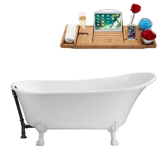 59" Streamline N341WH-BL Soaking Clawfoot Tub and Tray With External Drain