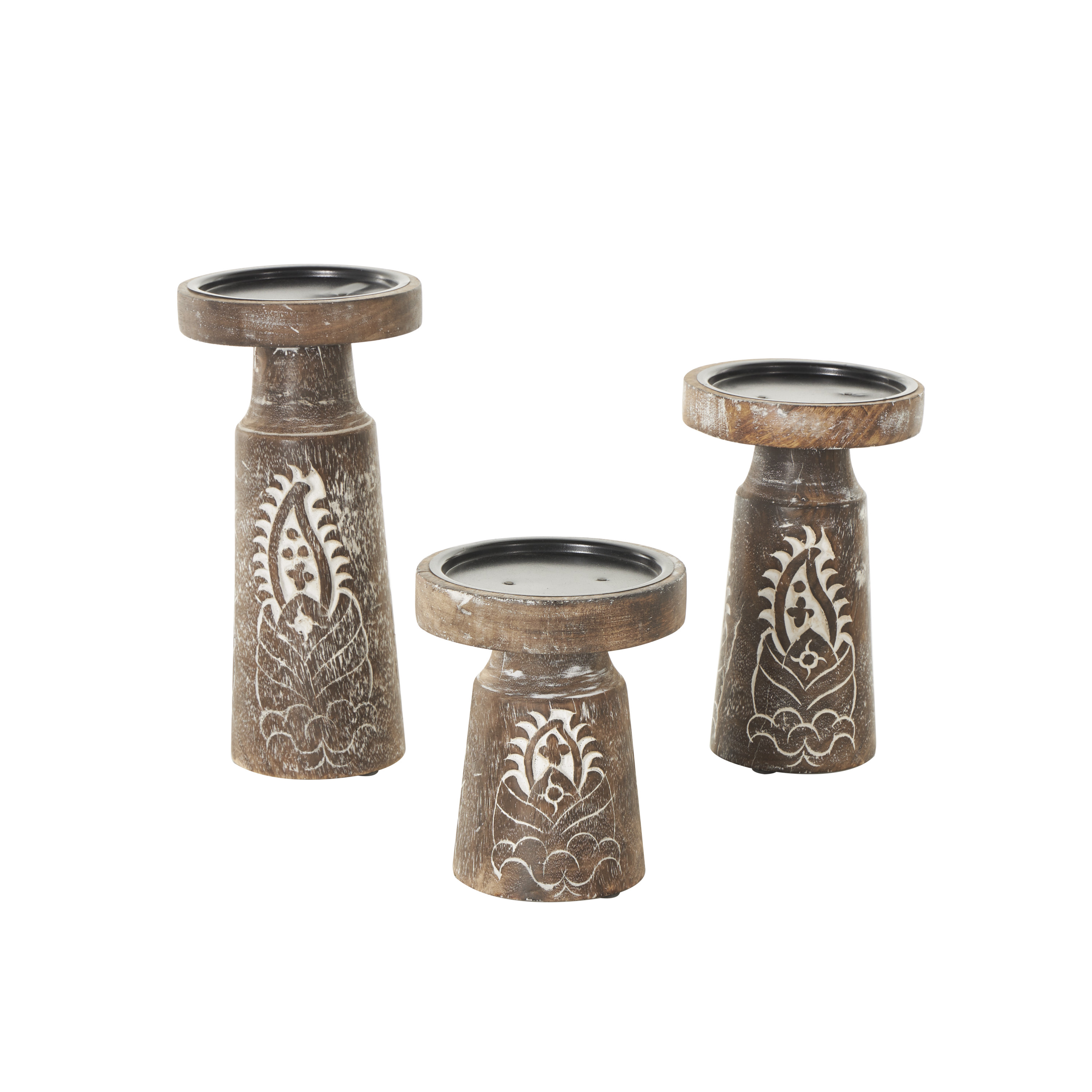 DecMode 3 Candle Dark Brown Mango Wood Tribal Pillar Candle Holder, Set of 3