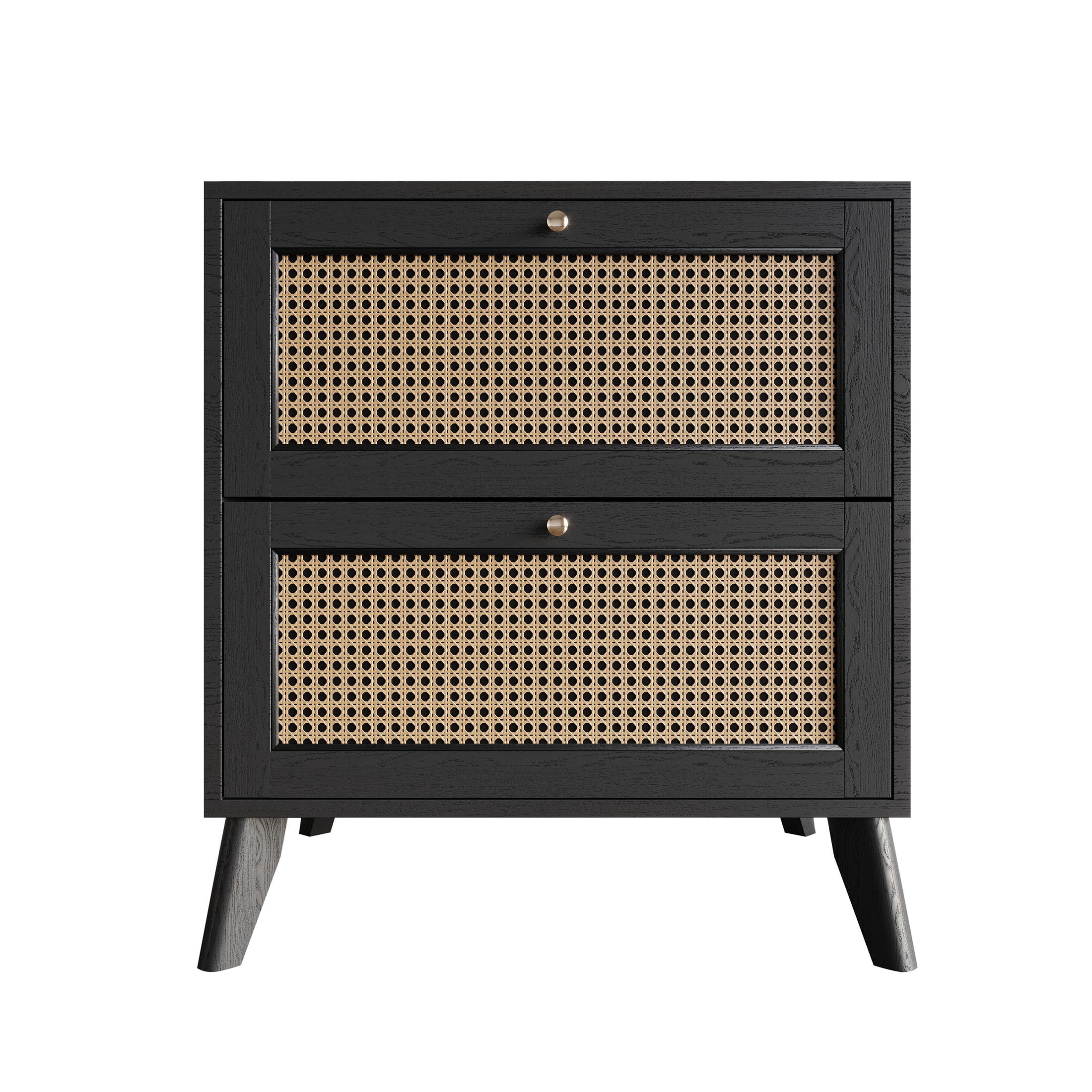 Castle Place Rattan 2 Drawers Wooden Nightstand, Black