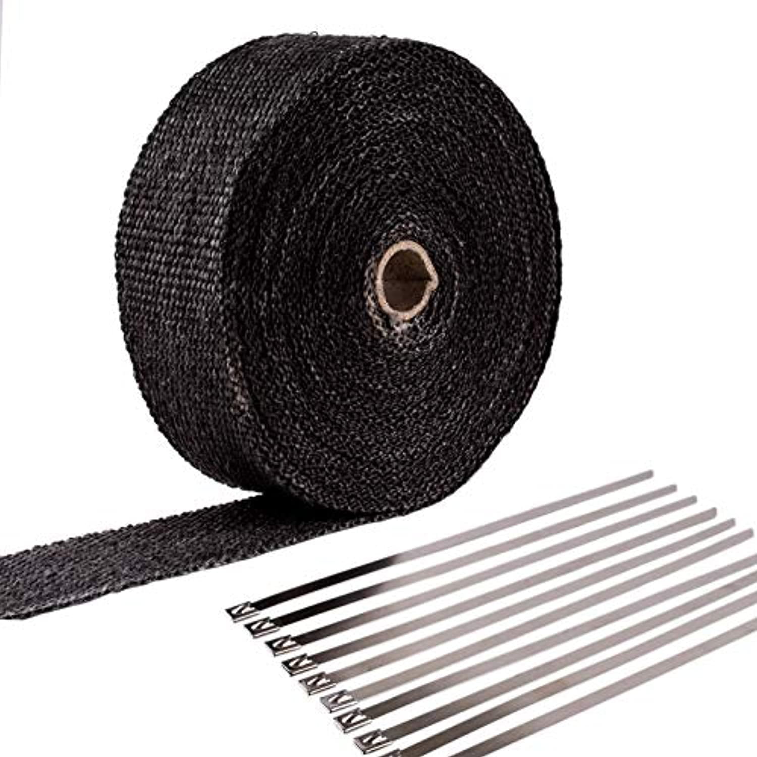 1 Roll MAS 2 x 50 Black Exhaust Heat Wrap Roll for Motorcycle Fiberglass Heat Shield Tape with Stainless Ties 