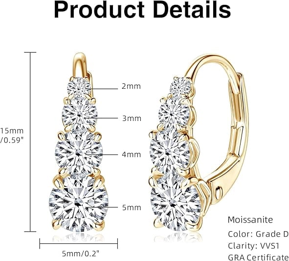 4 Stone Moissanite Hoop Earrings, 925 Sterling Silver Hypoallergenic Lever back Drop Earrings for Women,  Lab Created Diamond Valentine’s Day Jewelry Gift for Wife Fiancee