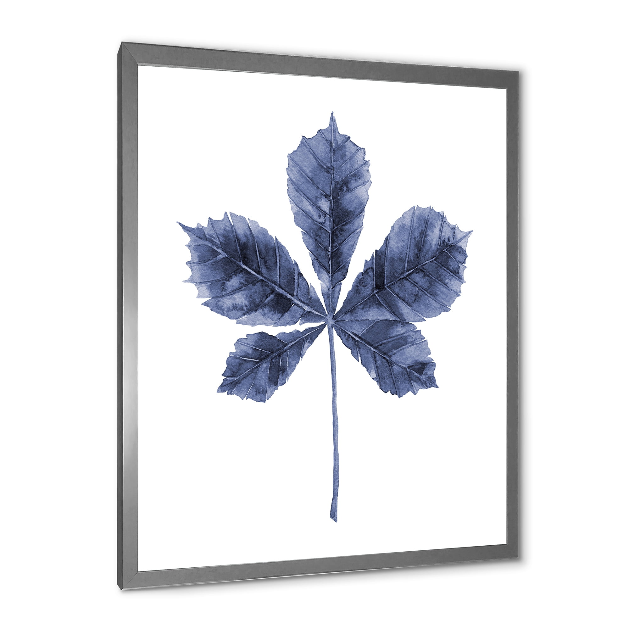 Designart 'Navy Blue Chestnut Leaf On White' Traditional Framed Art Print