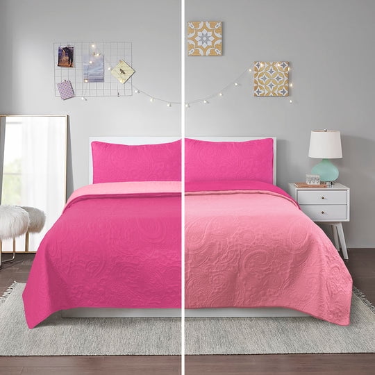 BednLinens 3 Pcs Reversible Hot Pink Bedspread Set Lightweight